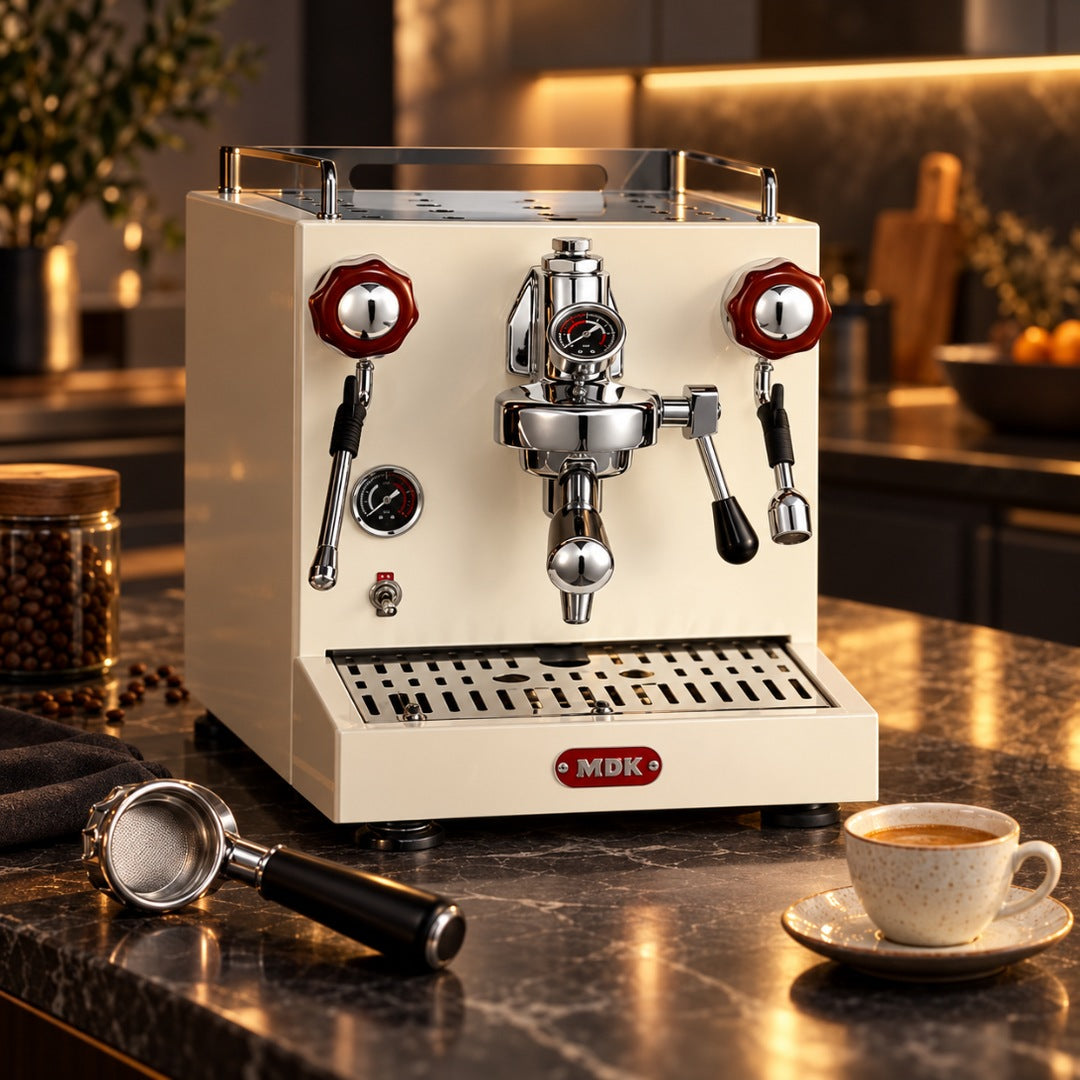Ivandike E61 espresso machine in ivory with burgundy knobs on a dark marble kitchen bench