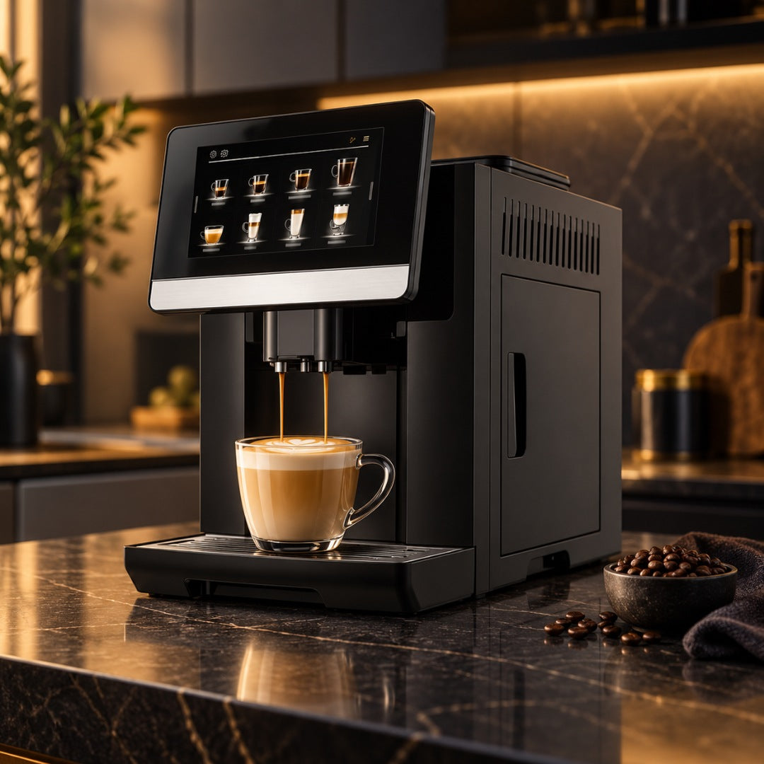 Basque Noire S9 bean-to-cup coffee machine pouring a latte on a dark marble kitchen bench