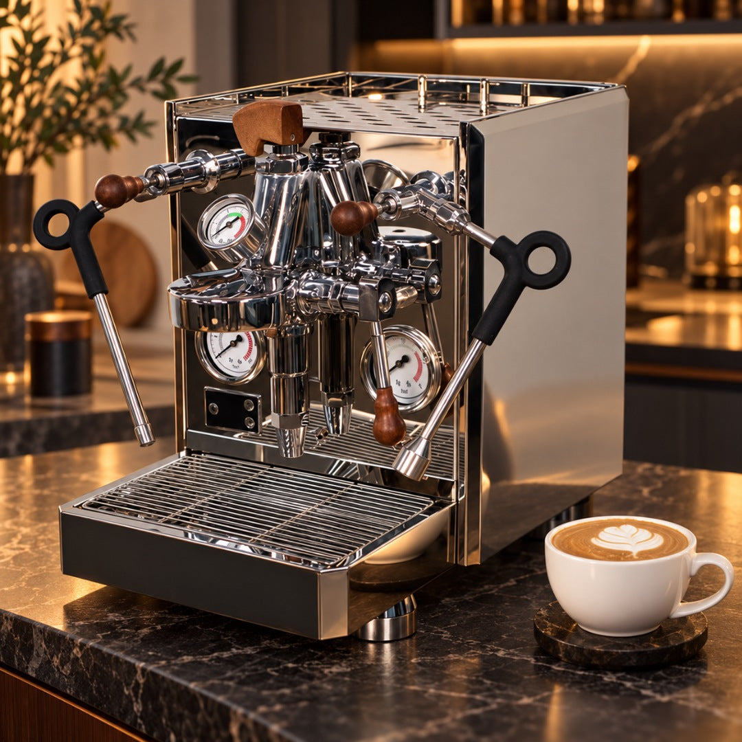 La Basque Rocket Design polished stainless espresso machine on a dark marble bench with a flat white