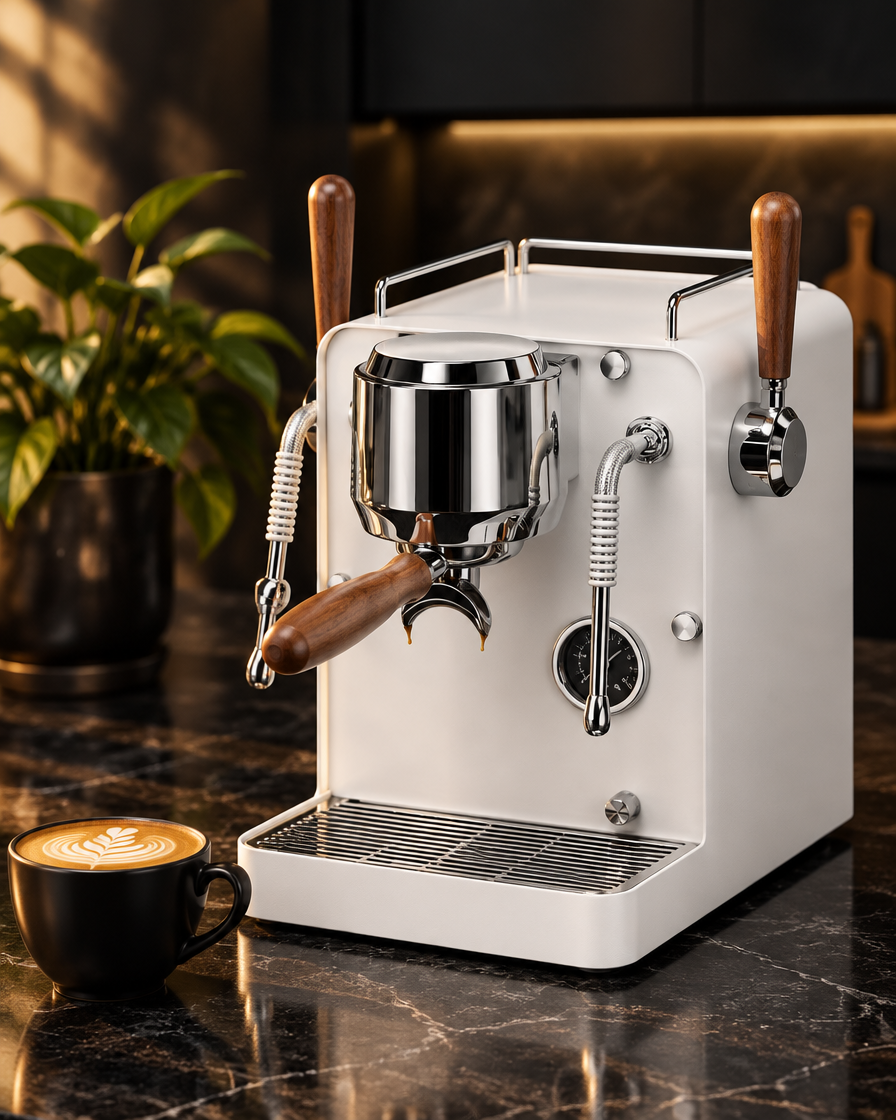 Hambach M2 espresso machine on a dark marble kitchen bench