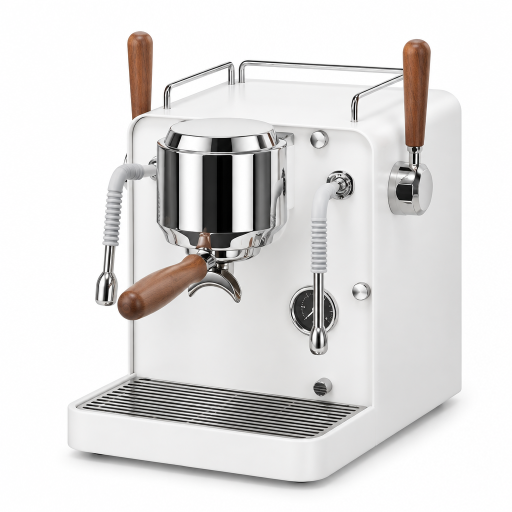 Hambach M2 dual boiler espresso machine, matte white with walnut handles, three-quarter view