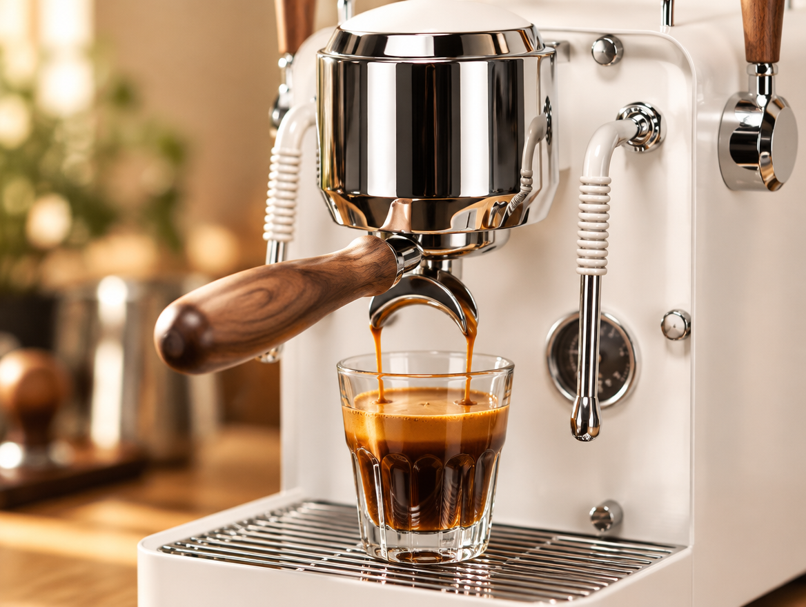 Espresso extraction from the Hambach M2 walnut-handled portafilter