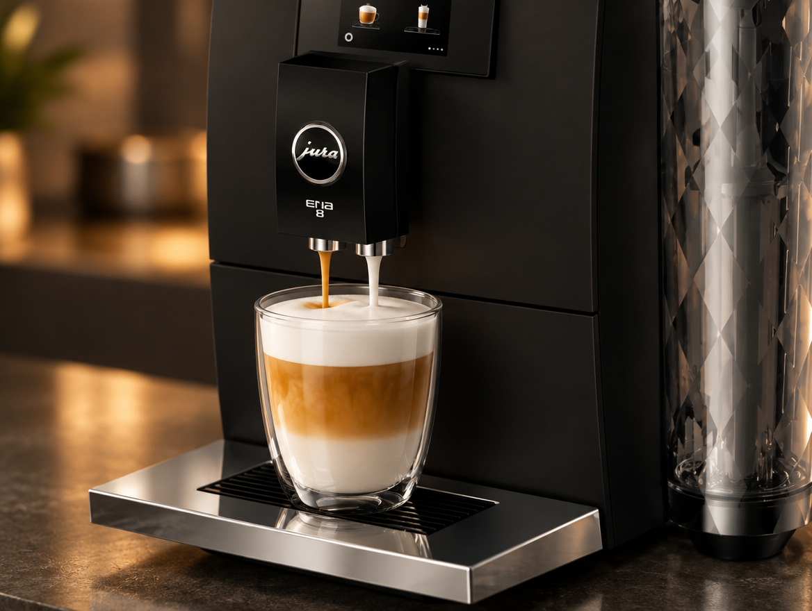 Jura ENA 8 pouring a one-touch flat white