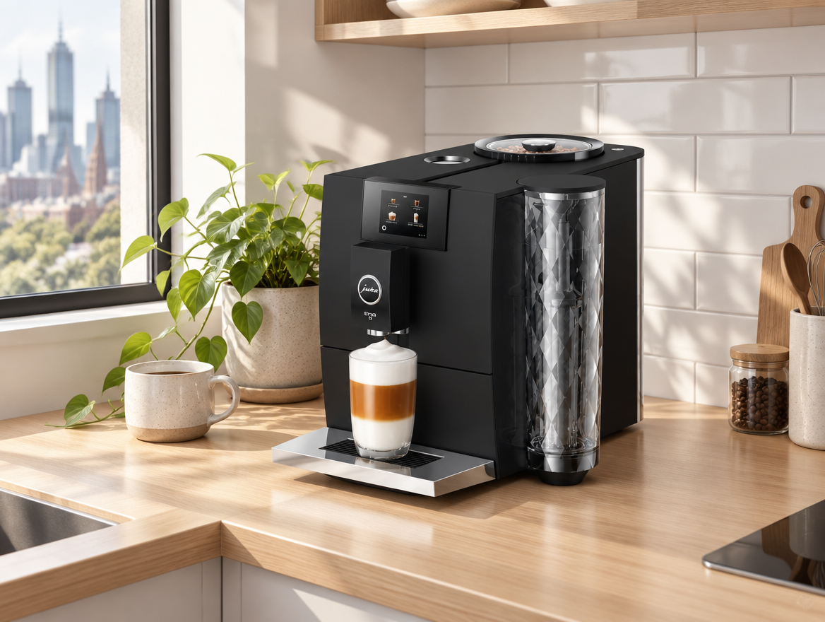 Jura ENA 8 on a compact apartment kitchen bench