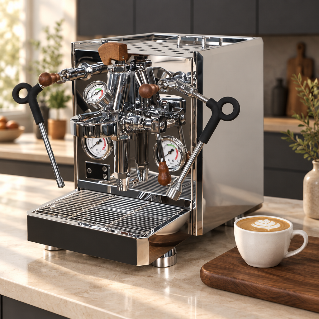 La Basque Rocket Design espresso machine with a flat white beside it