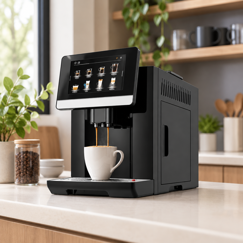 Basque Noire S9 super-automatic coffee machine pouring a cup