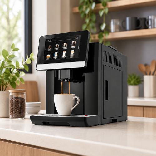 Basque Noire S9 super-automatic coffee machine pouring a cup