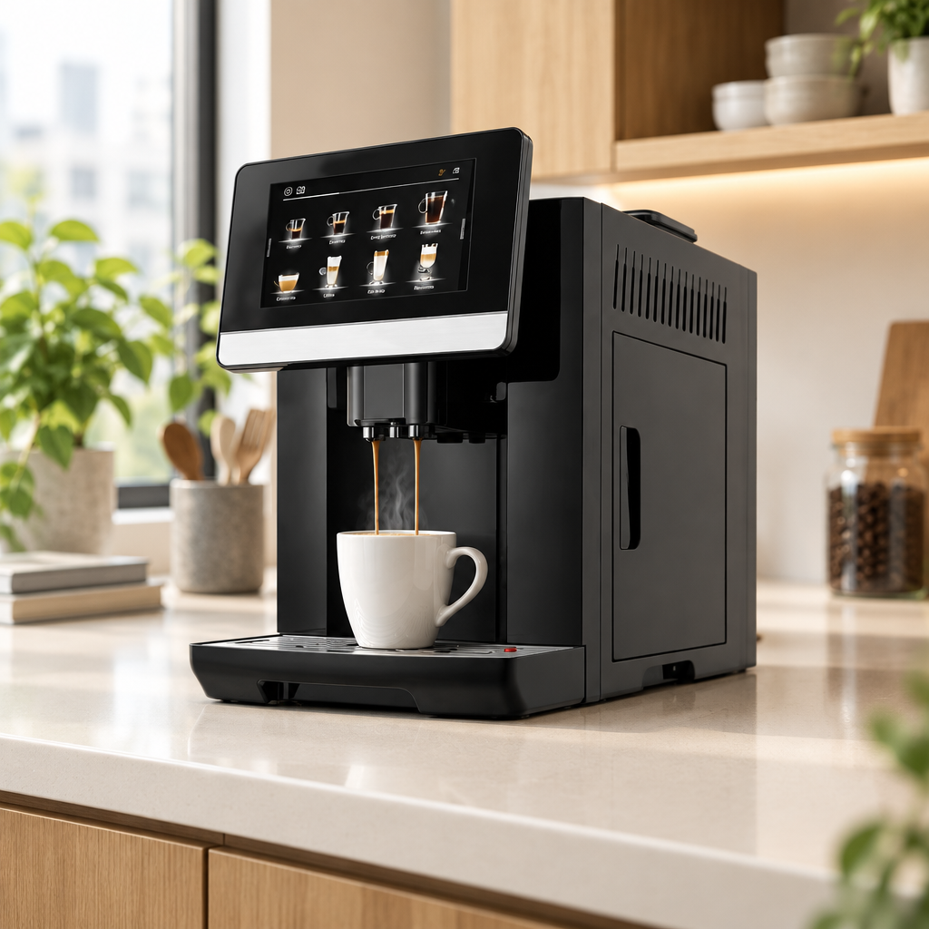 Basque Noire S9 touchscreen coffee machine on a kitchen bench