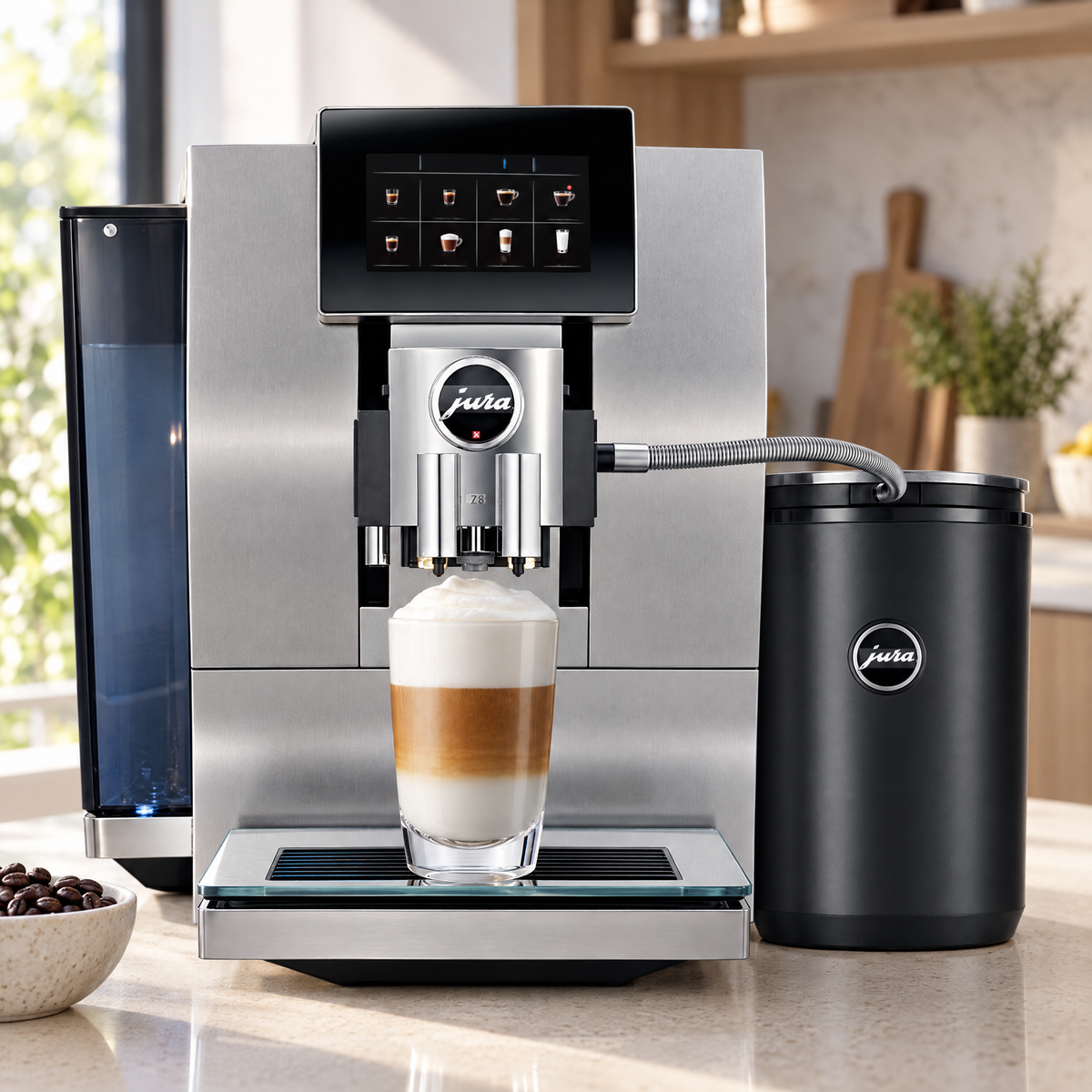 Refurbished Jura Z8 on a kitchen bench with a latte macchiato (representative image, photos of your actual machine are sent before dispatch)