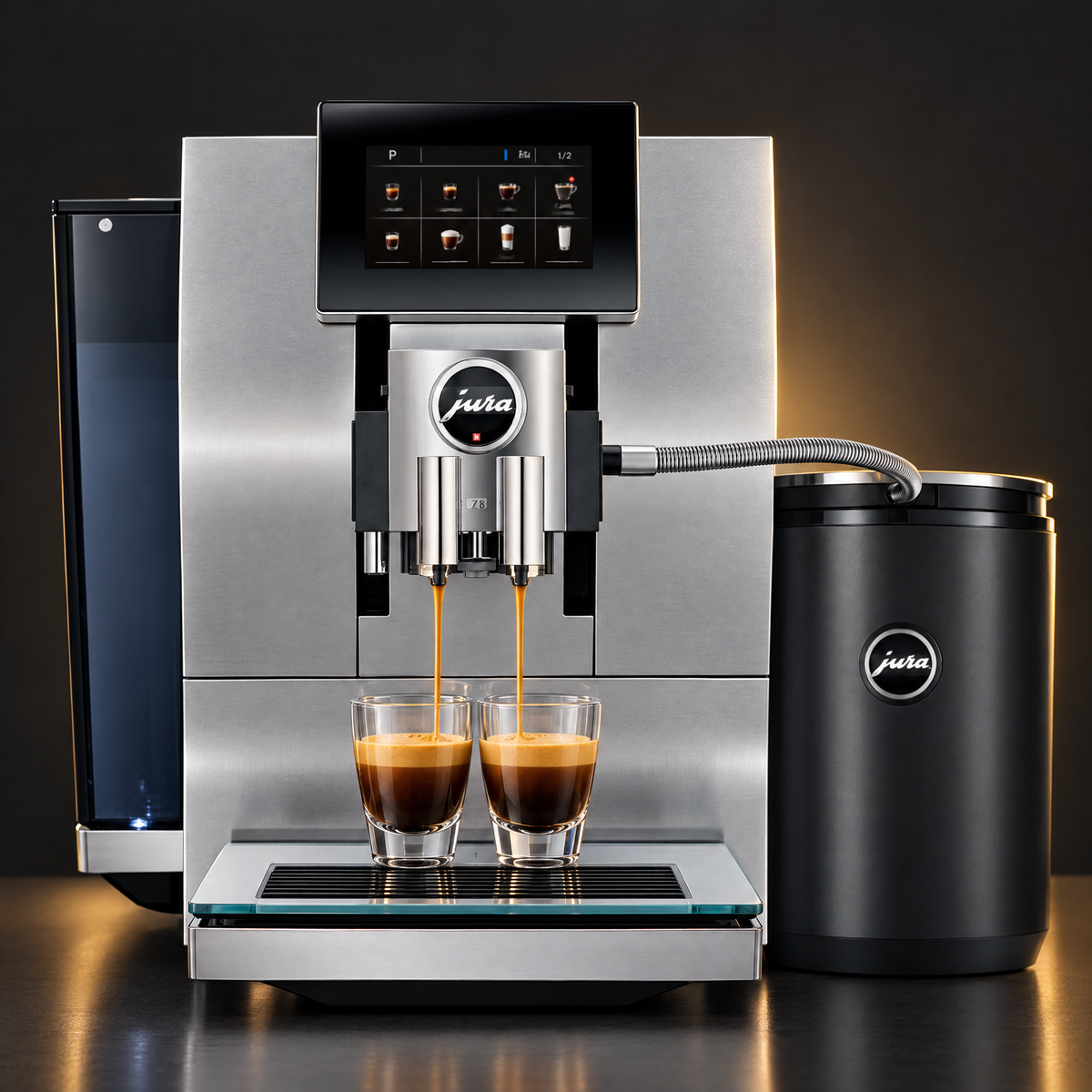 Refurbished Jura Z8 pouring two espressos at once (representative image, photos of your actual machine are sent before dispatch)